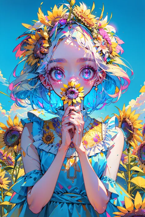 ((best quality, masterpiece, absurdres, super-resolution)), Sunflower, cute sundress, sleeveless, nature, hands out, CMYK, Cyan, Magenta, Yellow, White, <lora:CMYK-CORE_v1.0:1>