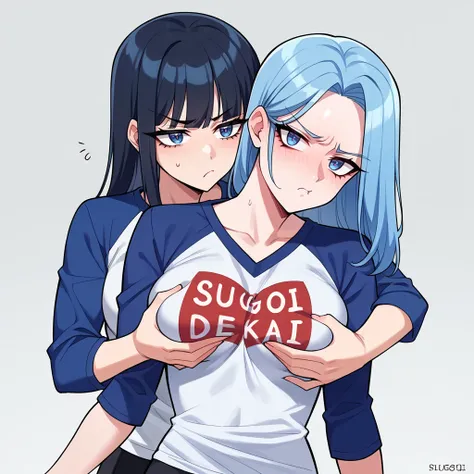 scorscore_9, score_8_up, score_7_up, score_6_up, source_anime, 2girls, breast grab, pout, clueless,  sugoi dekai, grabbing from behind, clothes writing, breast size difference, white shirt, cosplay, blue shirt, raglan sleeves, flat chest, breast envy, larg...