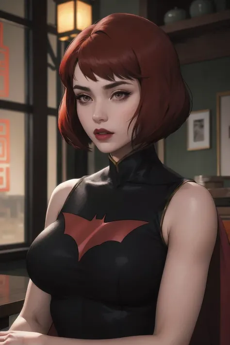 masterpiece, best quality, high quality, highres, twilight, sunset,  upper body, 
DC_batwoman_chinesedress_ownwaifu, www.ownwaifu.com, 
1girl, short hair, brown eyes, red hair, makeup, lipstick, bob cut, red lips, lips, breasts, large breasts, toned, 
slee...