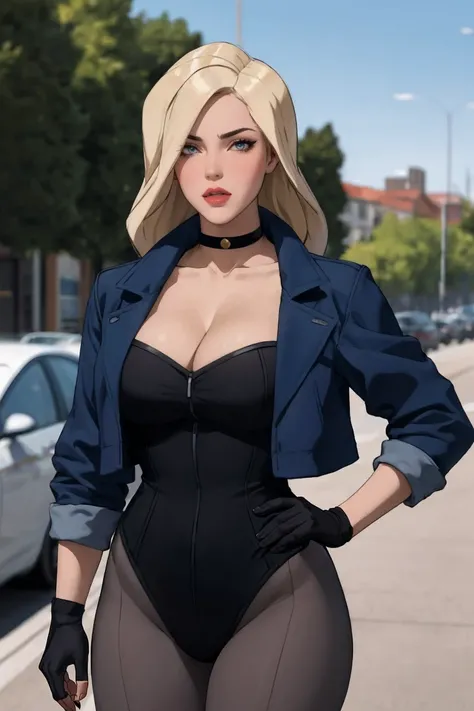 masterpiece, best quality, high quality, highres, outdoors, day, upper body, looking at viewer, solo, focused, BREAK, 
Costume_BlackCanary_ownwaifu, www.ownwaifu.com,
1girl, blonde hair,  blue eyes, breasts, lipstick, makeup, red lips, collarbone, lips, la...