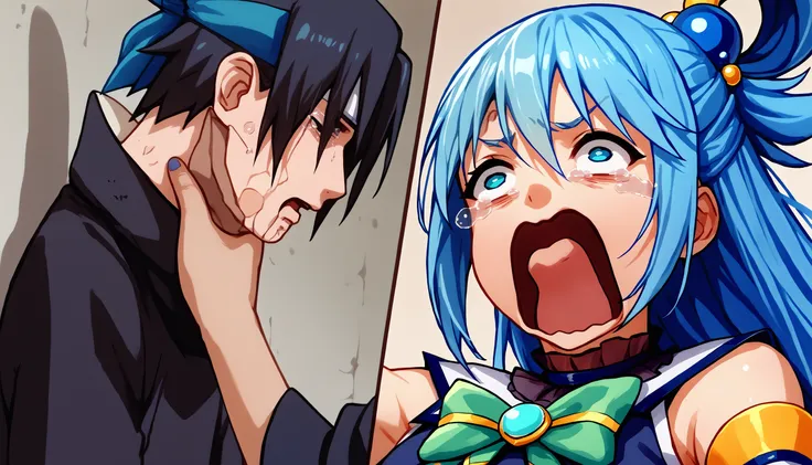 score_9, score_8_up, score_7_up, source_anime, 1girl, 1boy, <lora:SasukeChokeEditsMeme_XLPD:1>, incrschokememe,  <lora:concept_aquascreaming_ponyXL:1> aquascreaming, screaming, open mouth, crying with eyes open, aqua (konosuba), blue hair, black hair,