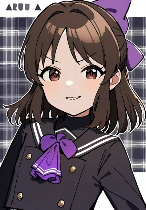 1girl, 
tachibana arisu, idolmaster, 
solo, light smile, ascot, serafuku, brown hair, doyagao, looking at viewer, white background, long sleeves, smug, cropped shoulders, plaid, v-shaped eyebrows, turtleneck, bow, purple bow, official alternate costume, br...