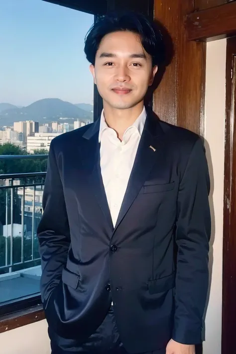 (1boy:1.1),realistic,best quality,picturesque,<lora:å¼ å½è£:0.9>,black hair,upper_body,(dress_shirt:1.2),(blazer:1.2),smile,