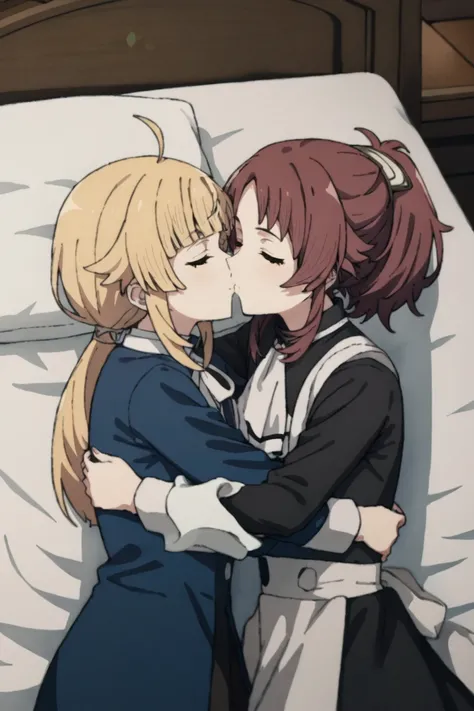 score_9, score_8_up, score_7_up, source_anime, 2girls, looking at viewer, hugging and kissing, closed eyes, indoors, lying on bed, BREAK
<lora:norn_greyrat_anime_s2-soralz:1>, norn_greyrat, bangs, blonde hair, long hair, ahoge, sidelocks, blunt bangs, hair...