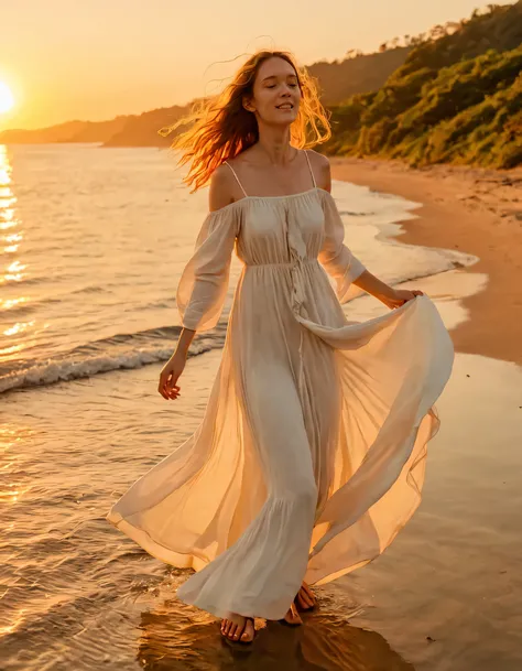 Dahaben capturing a spontaneous moment as the camera angled from above, she dons an elegant yet casual off-white maxi dress with flowing movement, complemented by her bohemian sandals, effortlessly striking a pose by the shoreline during golden hours magic...