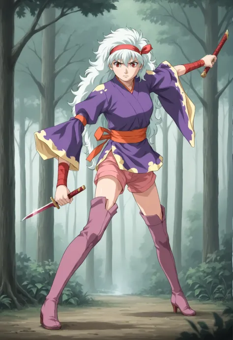 1girl, white hair, very long hair, messy hair, red eyes, hairband, wristband, japanese clothes, long sleeves, wide sleeves, shorts, pink shorts, thigh boots, high heels, holding dagger, fighting stance, reverse grip, outdoors, forest  <lora:Momoka_Hininden...