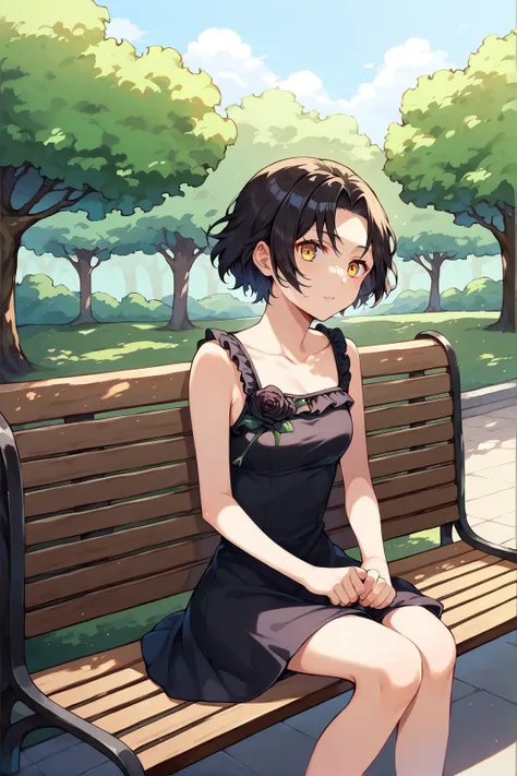 1girl, chane_laforet, chanedress, sleeveless, black dress, black rose, short hair, yellow eyes, sitting on bench, park, <lora:Chane Laforet Pony XL-000003:0.9>,, score_9, score_8_up, score_7_up,