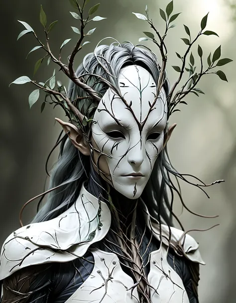 elven cleric with a noface mask, branches for hair, nature, 