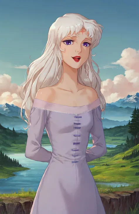 <lora:tlu_amalthea_PNY:0.75> tlu_amalthea, pov, looking at viewer, smile, open mouth, arms behind back, 1girl, white hair, long hair, forehead mark, purple eyes, small breasts, dress, long sleeves, bare shoulders, red lips, retro artstyle, source_cartoon, ...