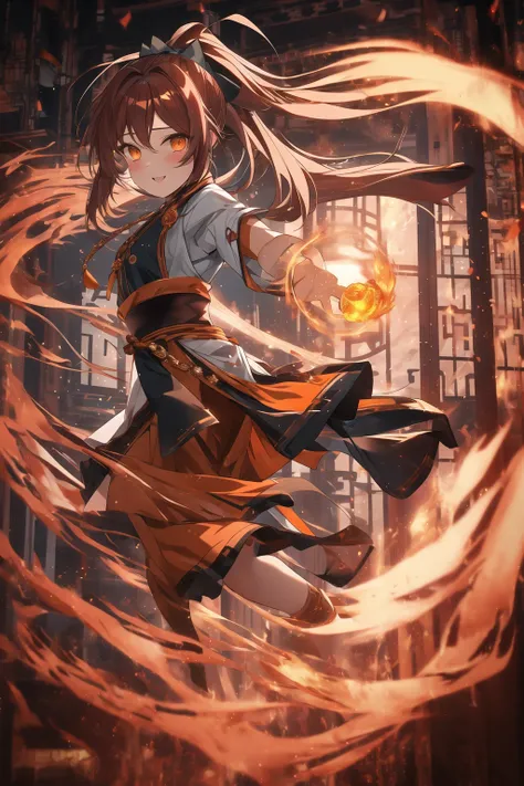 orang-aura,using orang-magic,orang-magic,ancient-costume,dancing,solo,1girl,fire,long hair,ponytail,<lora:magic_fighting_512_15:0.8>,