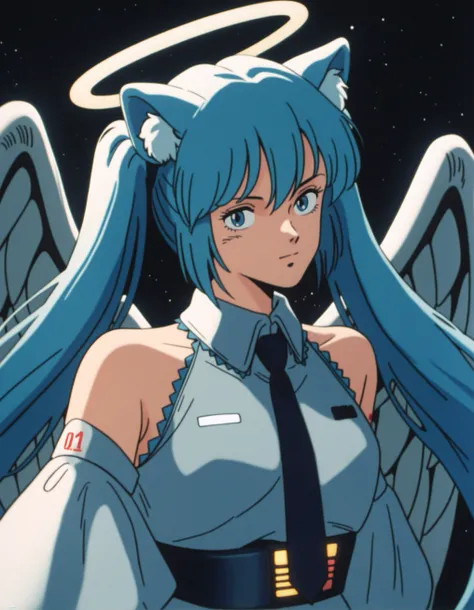 HMLGZZ, (score_9, score_8_up, score_7_up, score_6_up, source_anime:0.7), solo, 1girl, catgirl, (hatsune miku:1.1), blue eyes, long twintails, blue hair, white gown, angel, (angel wings:1.2), golden halo, dark background, upper body, closed mouth, looking a...