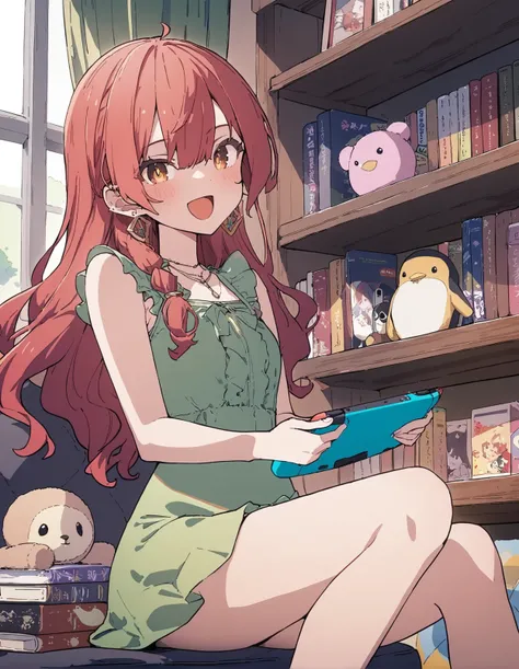 1girl, 
kagawa yuusaku, 
dress, holding, manga (object), closed mouth, jewelry, brown eyes, nintendo switch, shelf, earrings, holding book, eating, stuffed animal, curtains, indoors, sleeveless, open mouth, smile, stuffed toy, stuffed penguin, window, long...