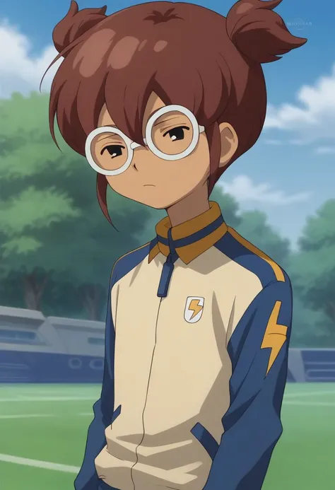 score_9, score_8_up, source_anime, highly detailed, 1boy, solo, male_focus, slender, skinny, upper body
hayami, 1boy, male focus, solo, raimon, jacket, track jacket, track suit, sportswear, soccer uniform, lightning bolt symbol, glasses, brown hair, 
outdo...