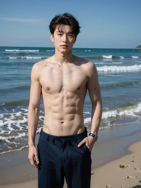 1boy,standing,upper body,realistic,real skin,beach,