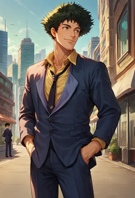 score_9, score_7_up, score_8_up, source_anime, solo, male focus, 1boy, spikespiegel, smile, looking away, hands in pockets, formal, suit, jacket, necktie, pants, science fiction, outdoors, city <lora:cowboybebop_spike_ponyXL-000008:1>