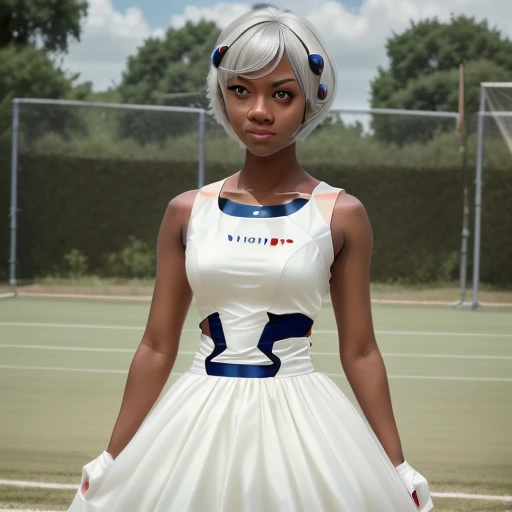 white dress, short hair, realistic, sportswear, plugsuit, ball, dark skin, young