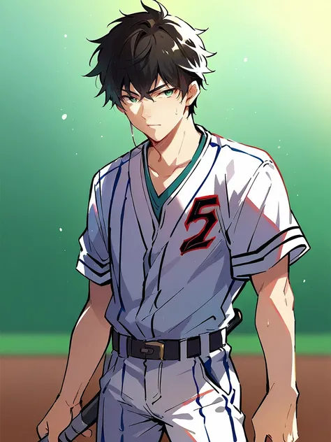 <lora:XL_danheng(pony)-000015:1>,danheng is a boy with short black hair and green eyes,male focus,baseball uniform,metal baseball bat,, score_9,score_8_up,score_7_up, source_anime,