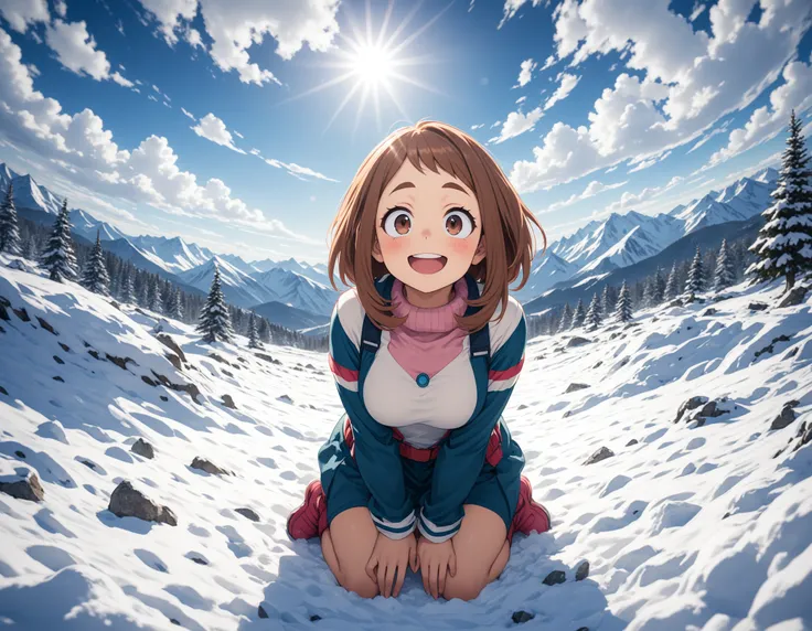 1girl,uraraka ochako,boku no hero academia,
skying,(Hdr image colored filter:1.4)
smile, open mouth, dutch angle, fisheye, from below,
sit , wariza on snow,leaning forward,  looking at viewer, 
sunny mountain with snow, clouds, beauful nature landscape wit...