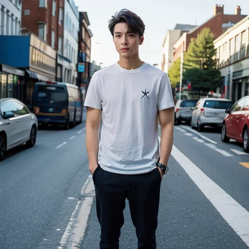 1boy,standing,city road,full body,realistic,real skin,