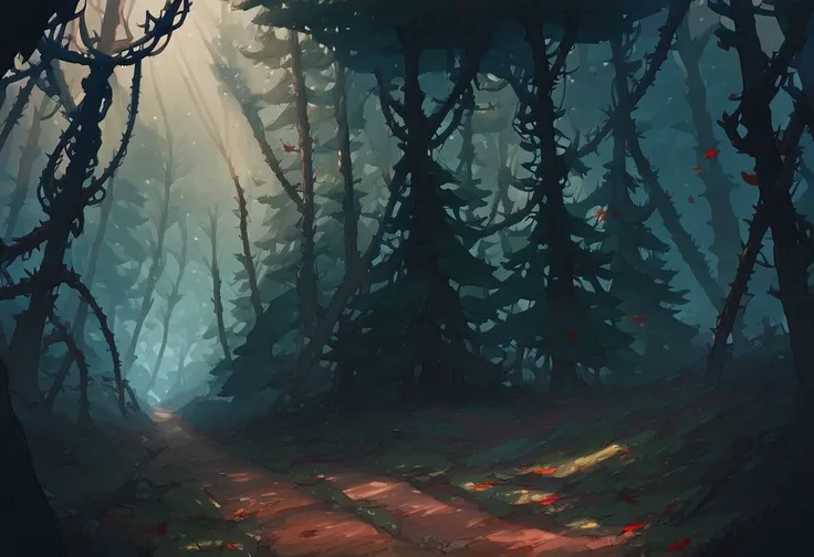 score_9_up, score_8_up, score_7_up, score_6_up 
dark forest, thick trees, large trees, trees, leaves on the trees, bushey trees, dense trees, lots of trees, lots of trees, path through the forest, vines on the trees, light beams, light coming from above