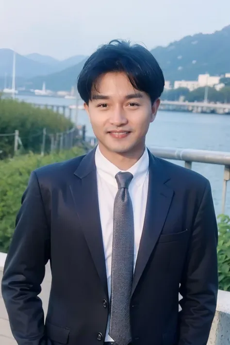 (1boy:1.1),realistic,best quality,picturesque,<lora:å¼ å½è£:0.9>,black hair,upper_body,(dress_shirt:1.2),(blazer:1.2),smile,