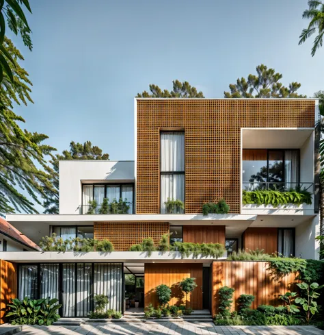 modern townhouse on street, streetscapes, urban background, white walls combined with wooden grids, glass railings, trees on the balcony, large glass doors, wooden main door, many shrubs, natural light, daylight , a lively and cheerful scene <lora:12ArchiA...