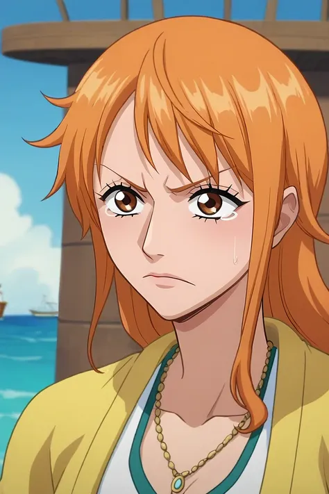 score_9, score_8_up, score_7_up, source_anime, rating_safe, , anime screencap, , official style, , depth of field, 1girl, nami (one piece), one piece, orange hair, brown eyes, solo, focused, boat, ship, day, spread arms, tearing up, <lora:bleach_style_pony...