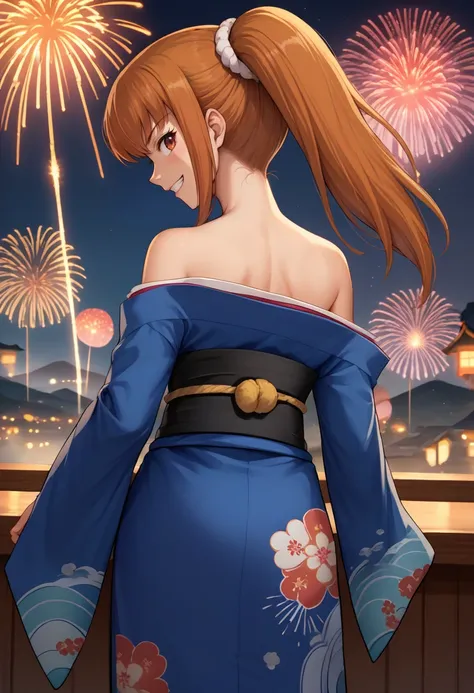 score_9, score_8_up, score_7_up, source_anime, from behind, solo, 1girl, amemiya sayaka, grin, looking back, ponytail, blue kimono, off shouler, black sash, bare shoulders, fireworks <lora:osutatakae_amemiya_ponyXL:1>