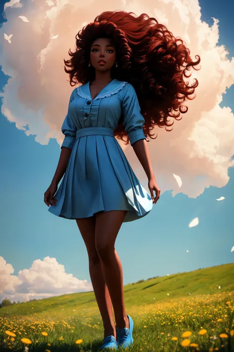 Photorealistic Highly detailed raw 8k photography masterpiece, volumetric lighting and shadows, (Mahogany big hair young woman in Sky Blue chmdrss:1.3), full body view, Dandelion Fields in Breeze <lora:Charming dress v1.05:1>