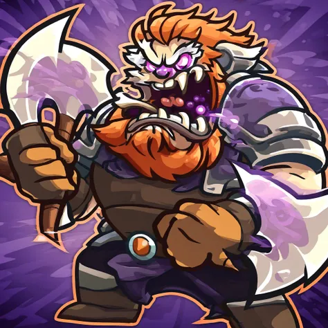 purple background, brown gloves, arrow (projectile), axe, armor, tongue, glowing eyes, beard, male focus, furry male, red eyes, orange hair