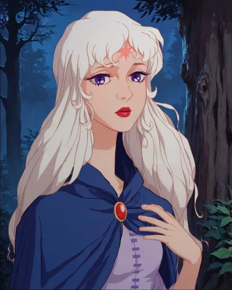 <lora:tlu_amalthea_PNY:0.75> tlu_amalthea, looking at viewer, 1girl, white hair, long hair, forehead mark, purple eyes, small breasts, blue cloak, red lips, retro artstyle, source_cartoon, outdoors, night, forest, tree, dirt road,, score_9, score_8_up, sco...