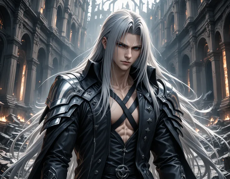 1boy,male focus,sephiroth,final fantasy,, (masterpiece:1.2), (best quality:1.2), (very aesthetic:1.2), (absurdres:1.2), (detailed background),newest,ai-generated, intricate,