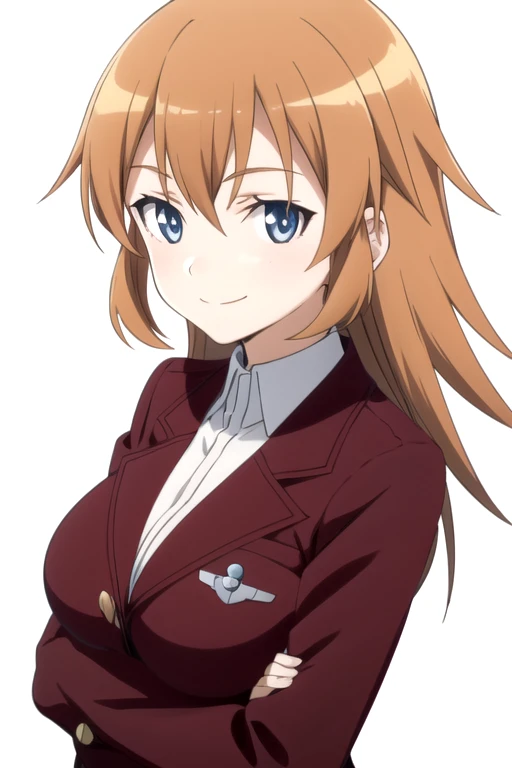 solo, 1girl, looking at viewer, 2D, anime, anime coloring, upper body, (simple background, solid white background:1.3), <lora:charlotte-strikewitches:0.8>, charlotte e. yeager, uniform, smile