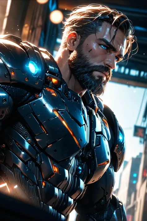 Portrait photo of muscular bearded guy in a worn mech suit, ((light bokeh)), intricate, (steel metal [rust]), elegant, sharp focus, photo by greg rutkowski, soft lighting, vibrant colors, (masterpiece), ((streets)), (detailed face:1.2), (glowing blue eyes:...