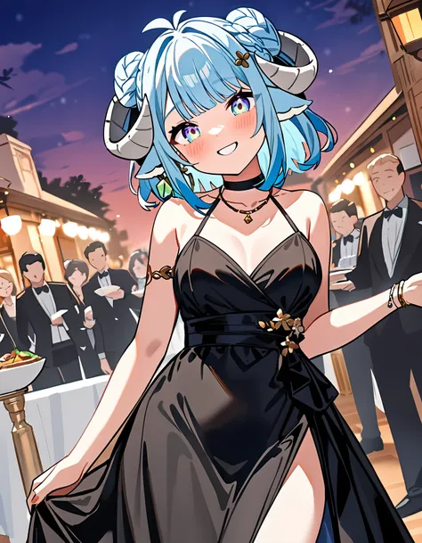 1girl, MinaiAruma, 
blush, highly detailed eyes, big smile, doyagao, 
black dress, formal, (evening gown:1.2), hair ornament, (gold (jewelry, necklace:0.7)), (green crystal earrings:0.8), 
public, outdoors, (surrounded by people:0.7), looking at viewer, he...