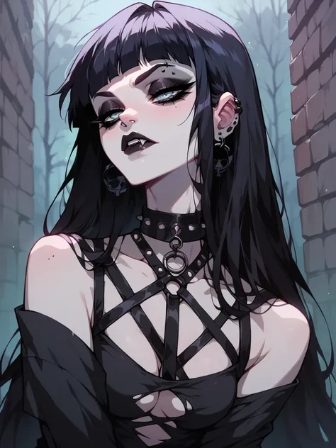 a close up of a woman with black hair and a gothic make up