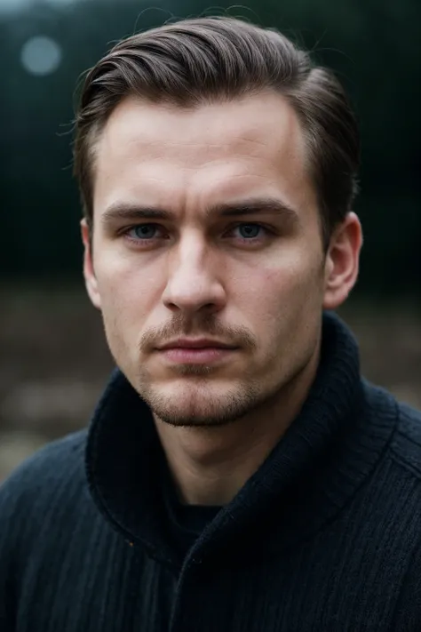 professional photo, closeup portrait photo of caucasian man, wearing black sweater, serious face, dramatic lighting, nature, gloomy, cloudy weather, bokeh