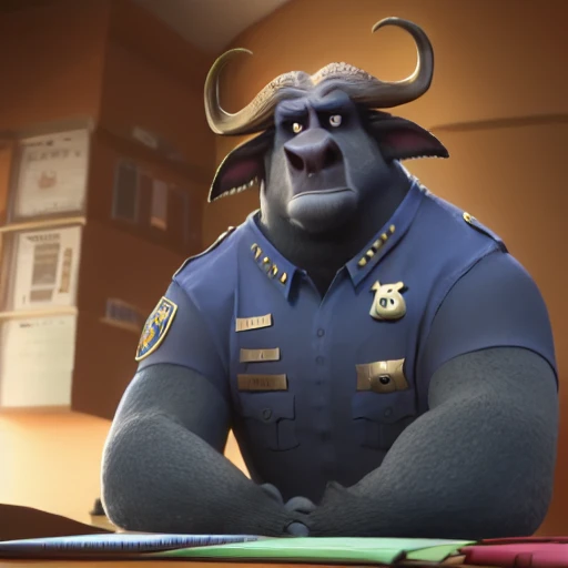 zootopia, furry, 1boy, horns, solo, uniform, police, male focus, furry male, blue shirt, indoors, police uniform, upper body, shirt, animal ears. 4k, HDR, high quality<lora:Zootopia_Style_SD1.5:1.0>