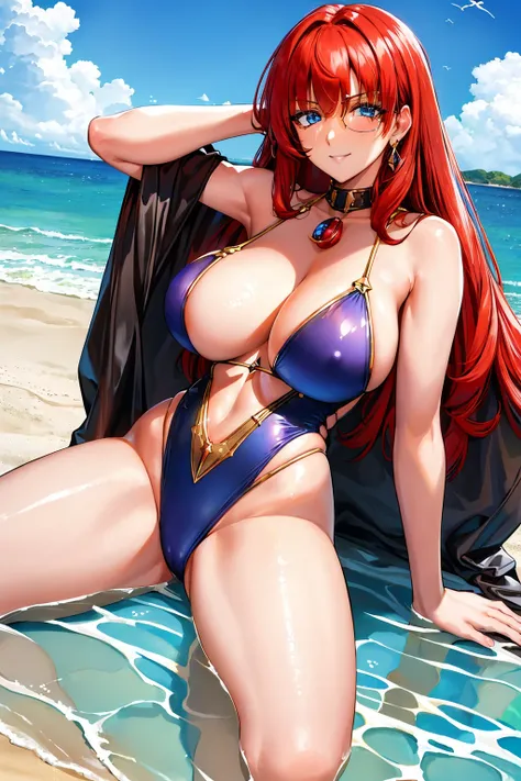 (masterpiece, best quality:1.2), 4k, ga_forte, 1girl, solo, (monocle, parted bangs:1.3), casual one-piece swimsuit, white swimsuit, large breasts, blue eyes, red hair, smile, looking at viewer, sandy beach landscape, <lora:ga_forte:0.9>