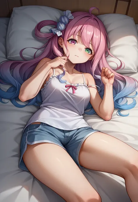 score_9, score_8_up, source_anime, HimemoriLuna, heterochromia, long hair, single hair ring, candy hair ornament, sleepwear, camisole, shorts, on bed, night, <lora:ChamHimemoriLunaPonyXL:0.9>