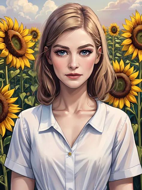 close-up portrait photo of R0s4mundP1k3_V1-Emb , makeup, mascara, eyeshadow, white shirt, in the middle of a field of sunflowers, 8k uhd, high quality, dramatic, dramatic lighting, realistic , lifelike texture