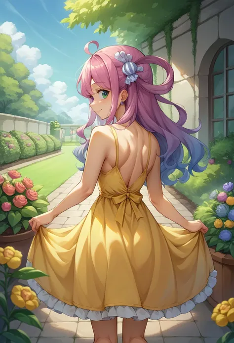 score_9, score_8_up, source_anime, HimemoriLuna, heterochromia, long hair, single hair ring, candy hair ornament, from behind, yellow sundress, garden, day, sunshine, smile, looking back, <lora:ChamHimemoriLunaPonyXL:0.9>