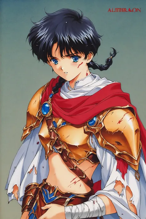 score_9,score_8_up,score_7_up,masterpiece,best quality,very aesthetic,absurdres,official art,official style,anime screencap,
solo,1girl,blue eyes,blood,armor,braid,torn clothes,short hair,black hair,injury,bandages,twin braids,cape,retro artstyle,tradition...