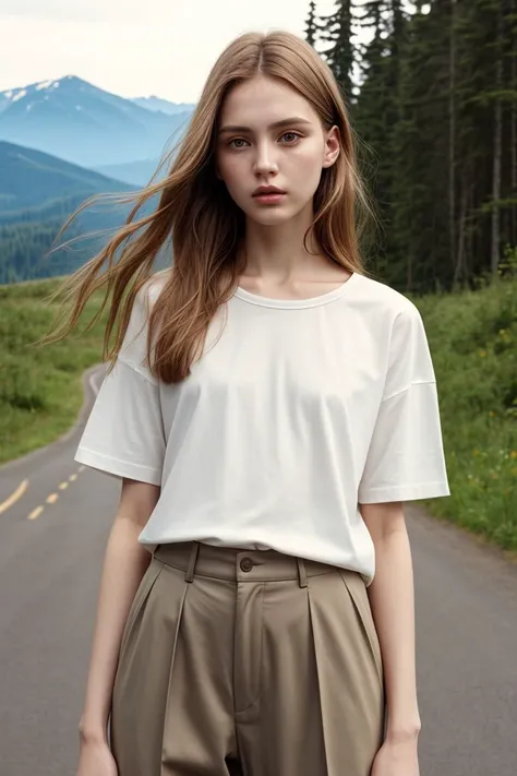 <lora:kawaii7.1.3_obj20:0.75:0.25>, European woman, closeup, sandals, (shirt), pants, (Olympic national park), ZM_jennifer, wide shoulders, perfect face, (contact iris: 1.1), pale skin, skin pores , depth of field