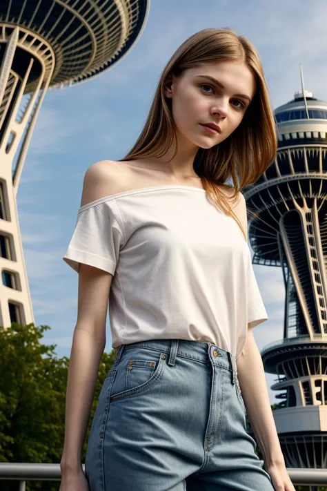 <lora:kawaii7.1.3_obj20:0.75:0.25>, European woman, closeup, sandals, (shirt), pants, (seattle space needle), ZM_paraskevi, wide shoulders, perfect face, (contact iris: 1.1), pale skin, skin pores , depth of field