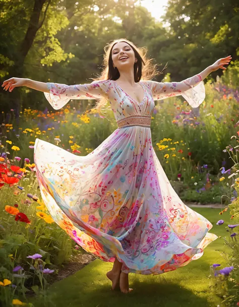 In an ethereal scene, Janee Wiles dances in her vivid, bohemian dress featuring intricate patterns and swirls of colors, as she floats through a captivating garden filled with enchanting wildflowers, effortlessly radiating grace while the camera above capt...