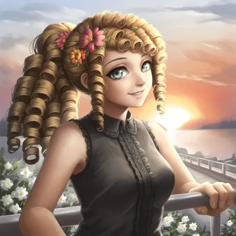 solo, female, curly hair, ponytail, looking at viewer, Hazle colored eyes, rosy lip stick, smile, black shirt, sleeveless shirt, riffles on shirt, flower pinned in hair, hand on rail, moutain view, sunset, hair blowing in the wind