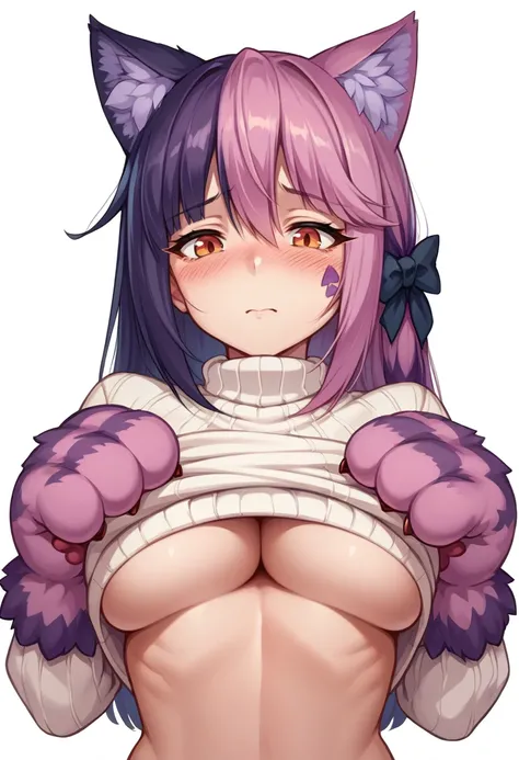 score_9, score_8_up, source_anime, CheshireMGE, two-tone hair, long hair, hair bow, cat paws, facial mark, striped tail, shy, :>, ear blush, white sweater, sweater lift, underboob, upper body, simple background, white background, <lora:ChamCheshireCatPonyX...