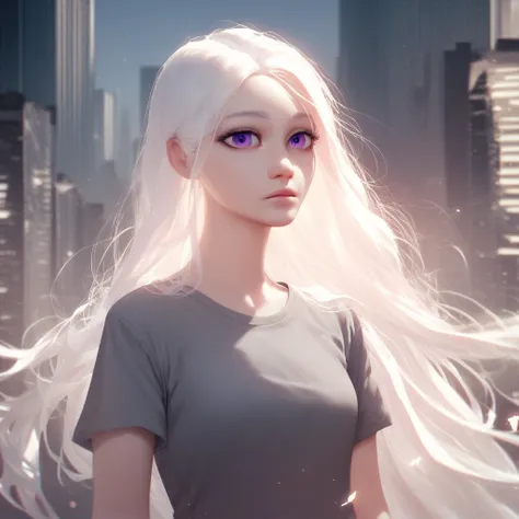 (((beautiful, high quality))), score_9, score_8_up, score_7_up, 1girl, white long hair, purple eyes, gray T-shirt, city background, detailed background