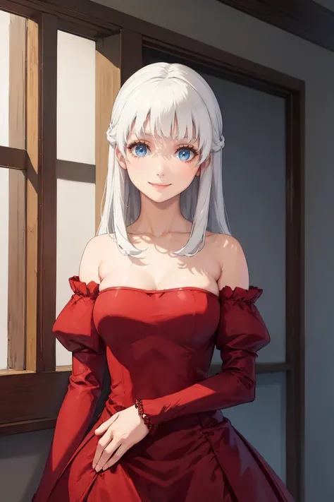 masterpiece, best quality, absurdres, Adelheid, white hair, blue eyes, very long hair, sidelocks, red dress, strapless, bare shoulders, indoors, smile, <lora:Adelheid:1>